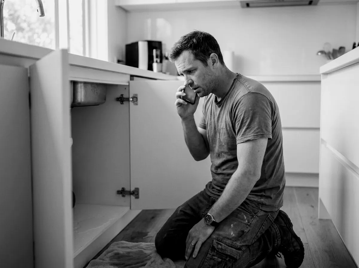 A homeowner kneeling by a leaking kitchen sink, calling for help on his phone