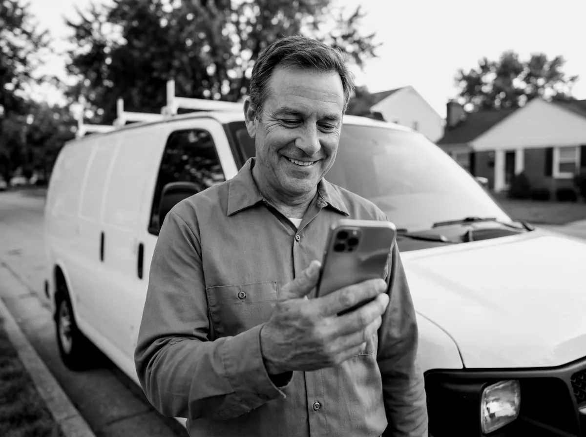 An electrician beside his white service van smiling at a new lead on his phone