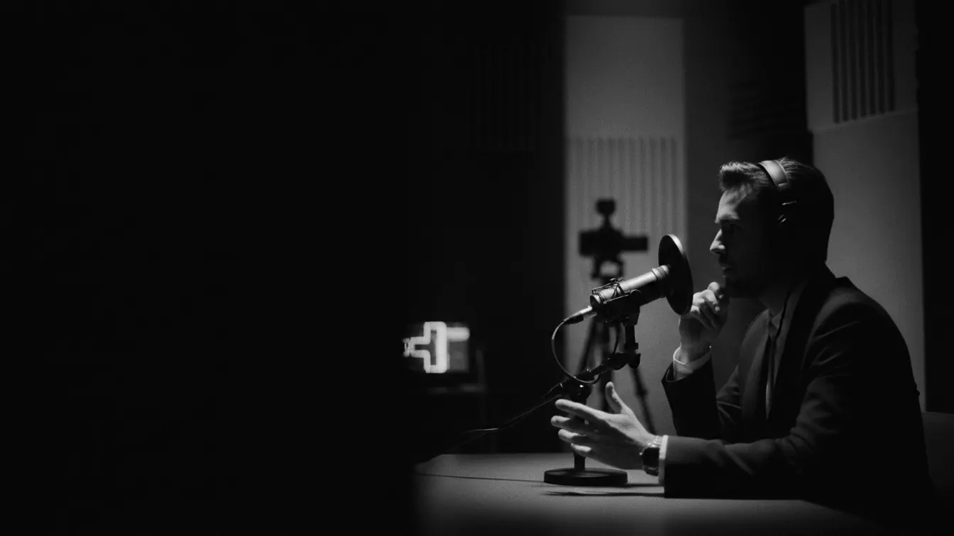A guest speaking into a studio microphone